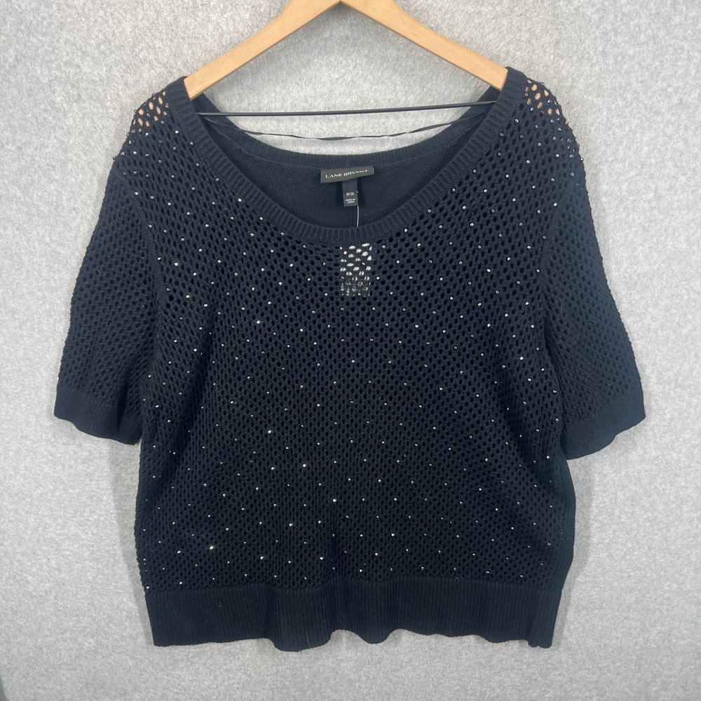 Lane Bryant Sweater Top Womens 18/20 Black Studded Open Knit Short Sleeve NWT